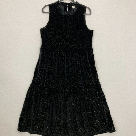 J. Crew Black Velvet Gold Sparkling Tiered Ruffle Neck Midi Dress size 12 - Picture 1 of 11